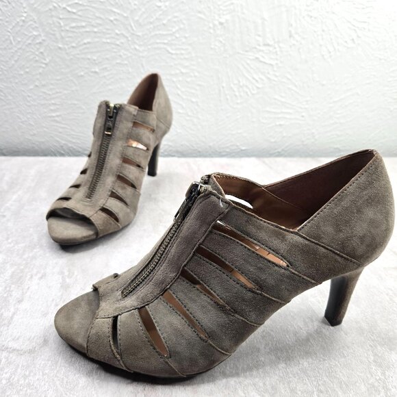 Aerosoles Peep Toe Ankle Bootie Suede Greem Moto Zip High Heel Shoe Boot  Sz 7.5 - Picture 1 of 12